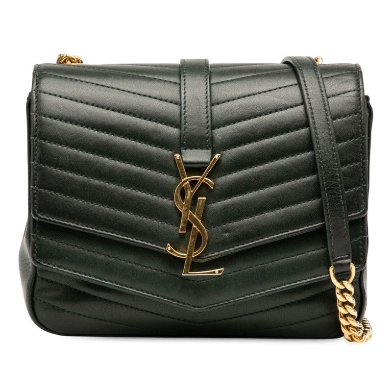 Saint Laurent Logo Chain Shoulder Bag Green Gold Leather