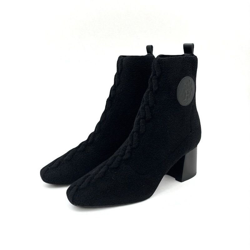 Hermes Volver Boots Short Shoes Knit Chenille Leather Black