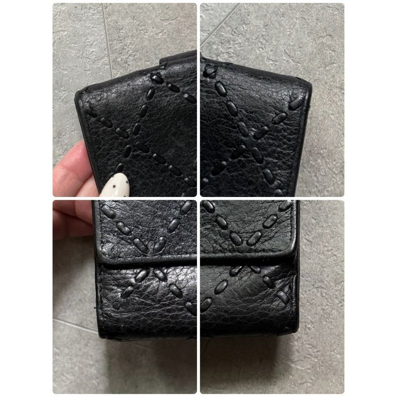 Chanel Stitching Coco Mark W Hook Bifold Wallet Leather Black Compact — view 5