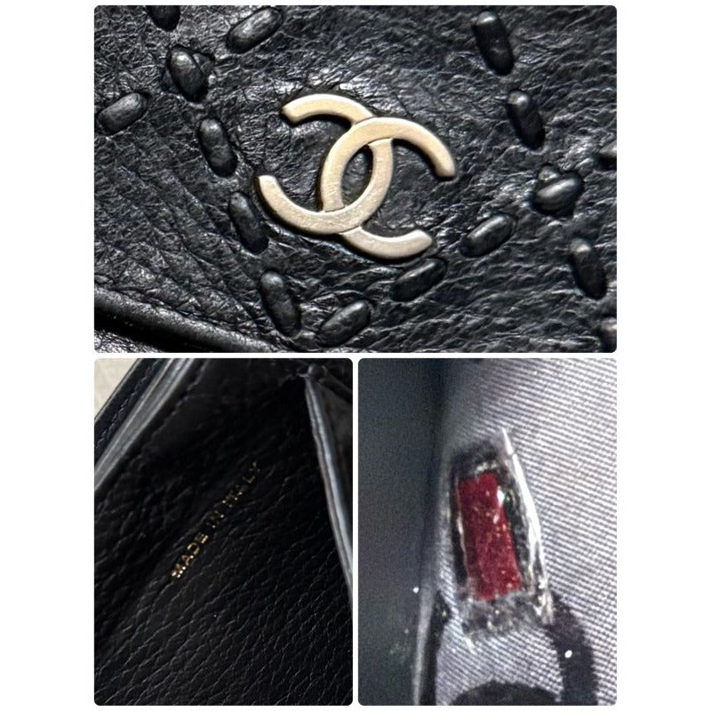 Chanel Stitching Coco Mark W Hook Bifold Wallet Leather Black Compact — view 4