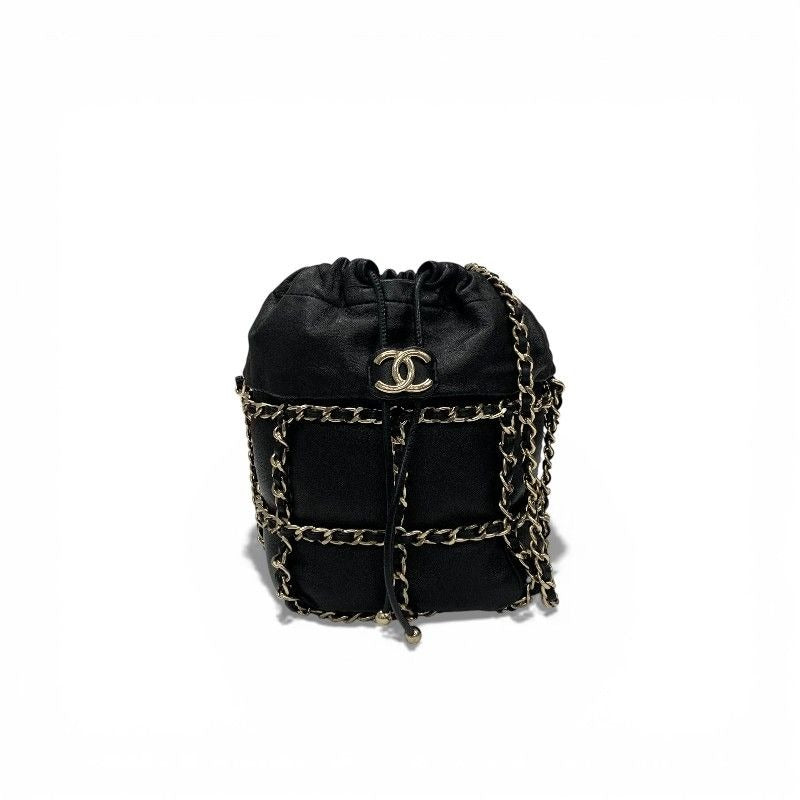 Chanel Shoulder Bag Black Gold CC Logo Chain Back Drawstring