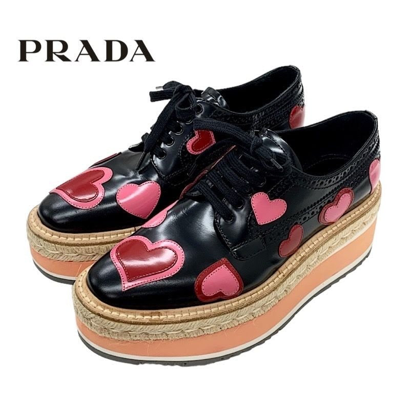 Prada Flat Shoes Black Red Pink Lace Up Heart Platform