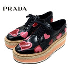 Prada Flat Shoes Black Red Pink Lace Up Heart Platform