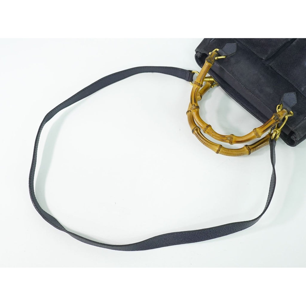 Gucci Bamboo 2-Way Shoulder Bag Pochette Suede Leather Navy — view 4