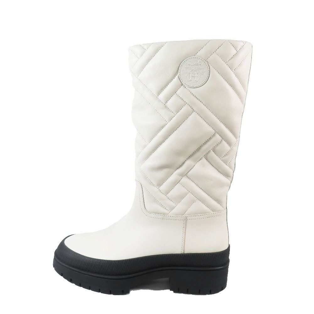 Hermes Leather Long Boots Exlibris Quilted Logo Shoes 35.5 Ivory