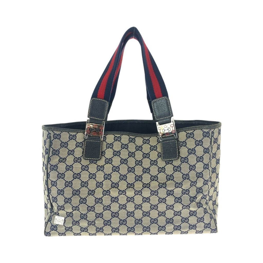 Gucci Sherry Line Navy Silver GG Canvas Leather Tote Shoulder Bag
