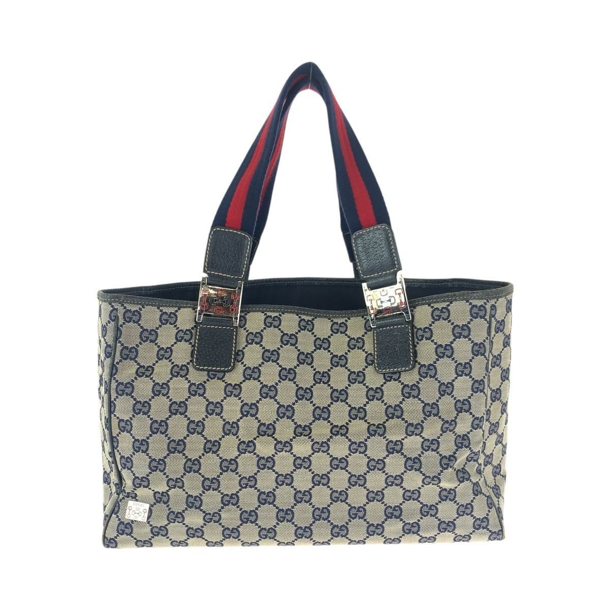 Gucci Sherry Line Navy Silver GG Canvas Leather Tote Shoulder Bag