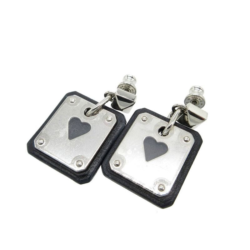 Hermes As De Coeur Heart Earrings Leather Metal Black Silver Stamped Z 0268 — view 2