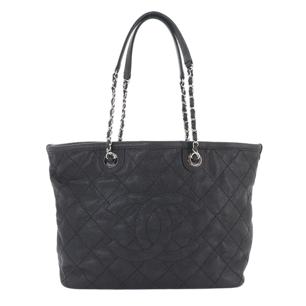 Chanel Quilted Chain Tote Bag Caviar Leather Black Silver