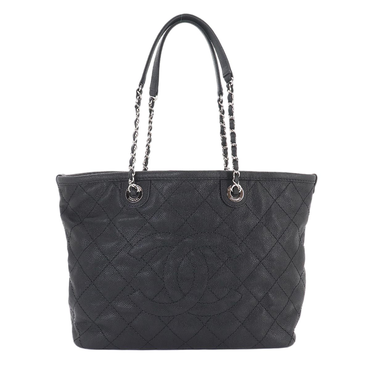 Chanel Quilted Chain Tote Bag Caviar Leather Black Silver