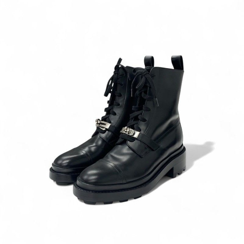 Hermes Funk Boots Short Shoes Leather Black Silver Kelly Hardware Lace Up