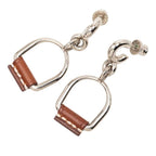 Hermes Elitage Equestre Etrier PM Earrings Silver Brown Metal Leather