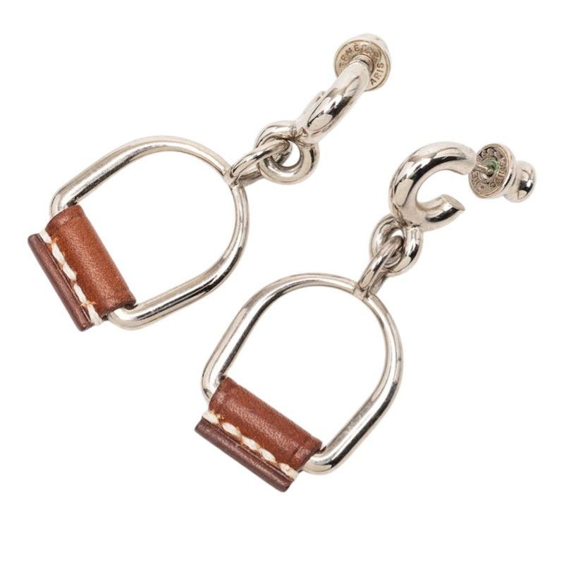 Hermes Elitage Equestre Etrier PM Earrings Silver Brown Metal Leather