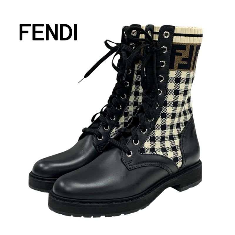 Fendi Rococo Boots Short Shoes Leather Fabric Black Ivory Brown Zucca