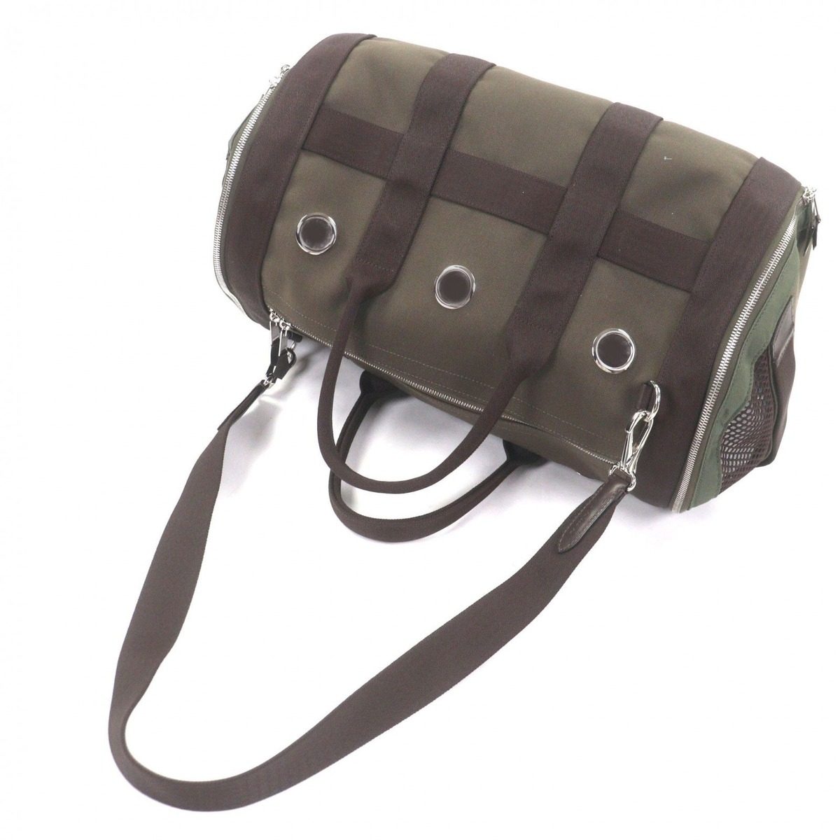 Hermes Toile Military Leather Silver 2-Way Dog Carrier Pet Boston Bag Khaki — view 5