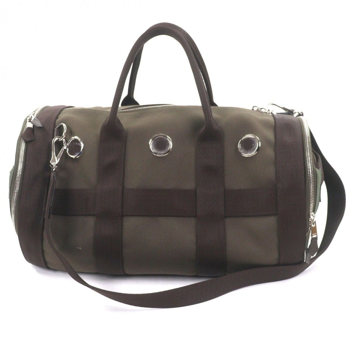 Hermes Toile Military Leather Silver 2-Way Dog Carrier Pet Boston Bag Khaki