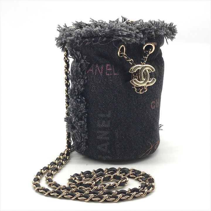 Chanel Small Mini Bucket Denim Chain Shoulder Bag Black — view 8