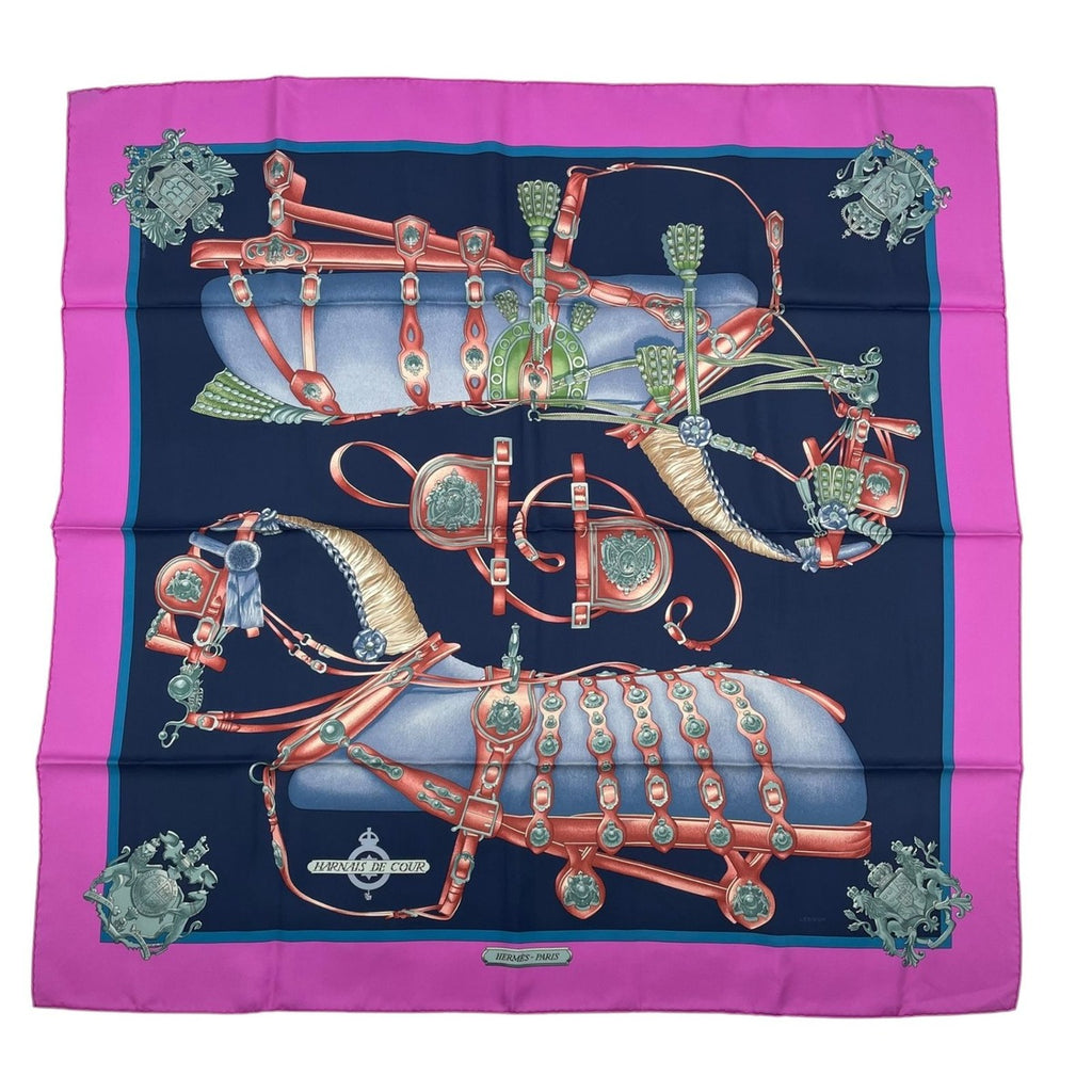 Hermes Carre 90 Scarf 100% Silk Harnais de Cour Court Horse Tackle Purple Box — view 2