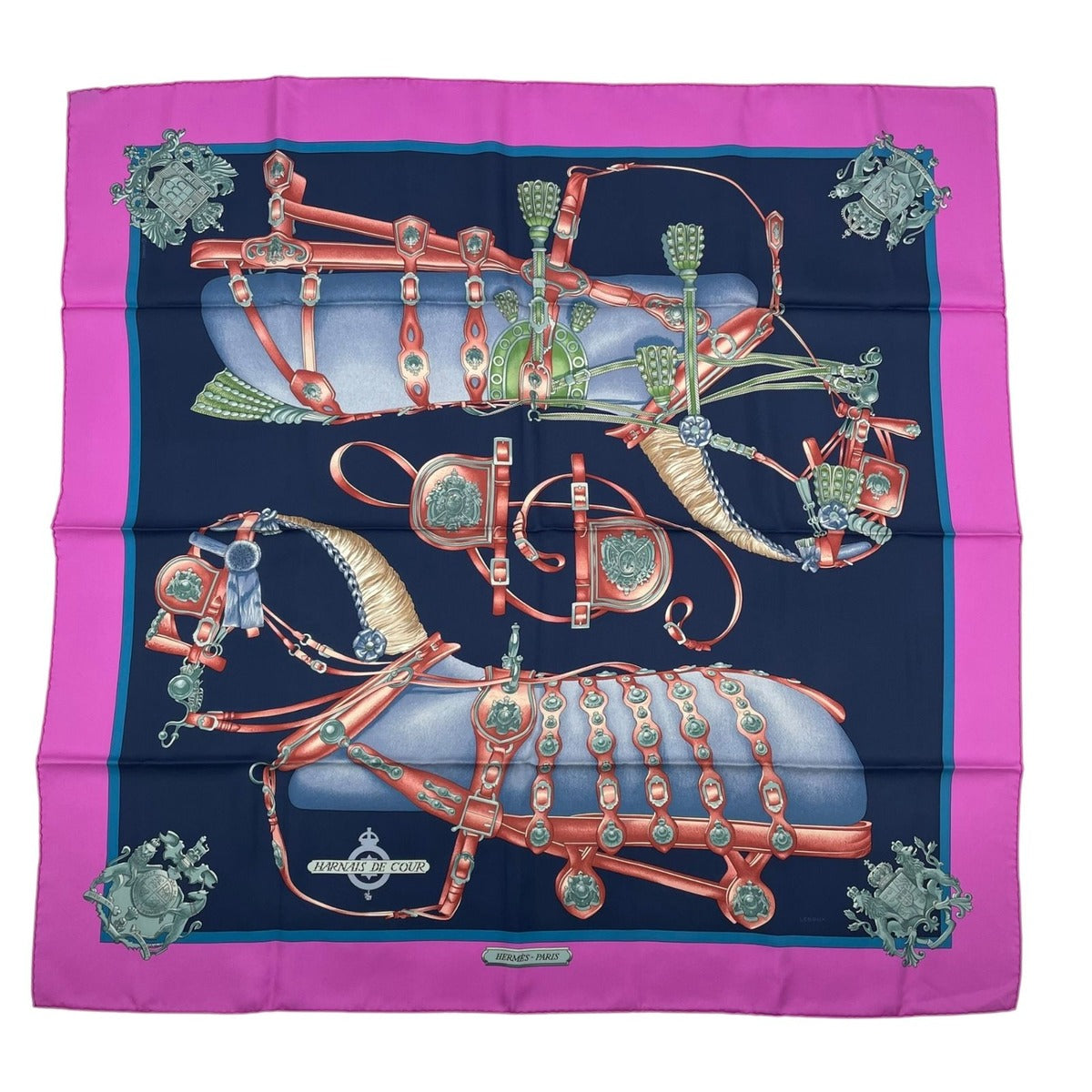 Hermes Carre 90 Scarf 100% Silk Harnais de Cour Court Horse Tackle Purple Box — view 2