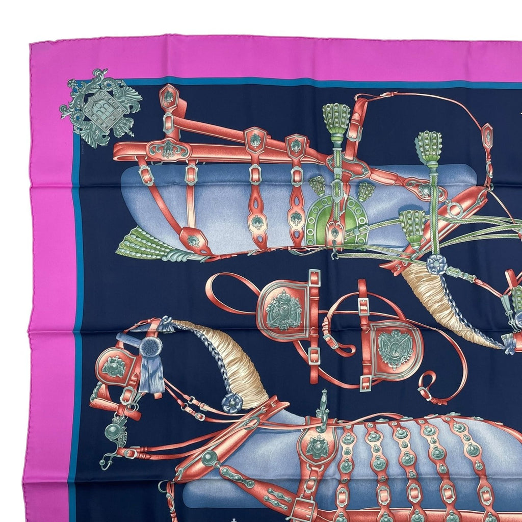 Hermes Carre 90 Scarf 100% Silk Harnais de Cour Court Horse Tackle Purple Box — view 3