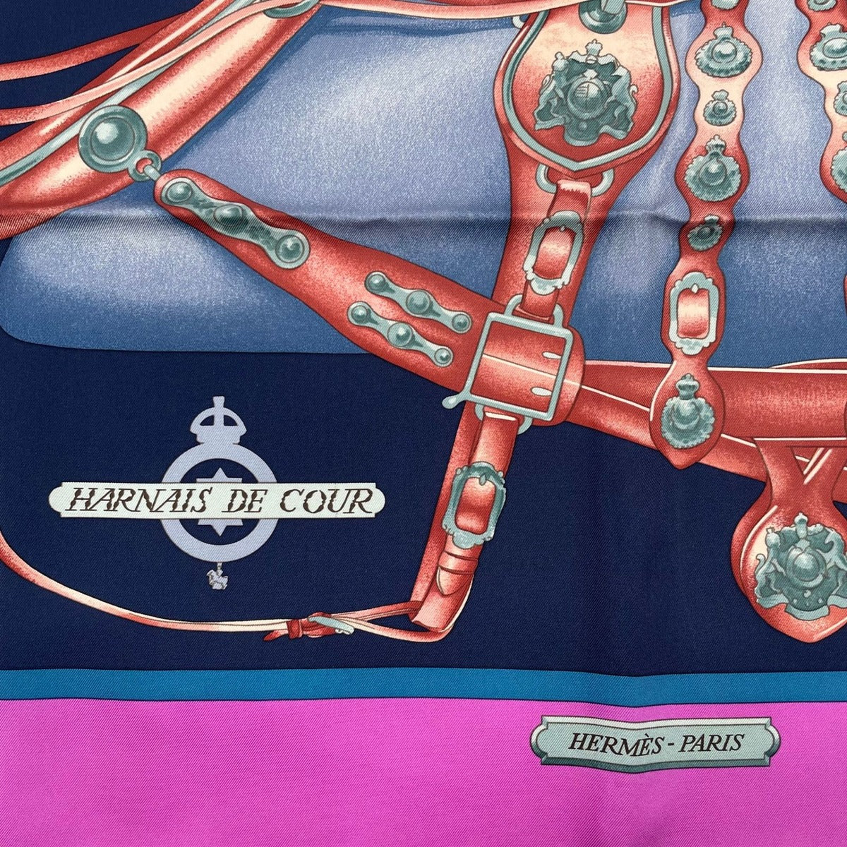 Hermes Carre 90 Scarf 100% Silk Harnais de Cour Court Horse Tackle Purple Box — view 7