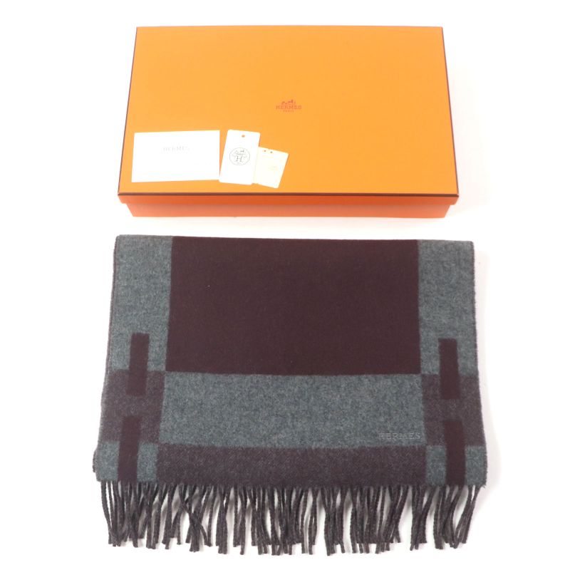 Hermes H Passant 100% Cashmere Current Model Logo Embroidery Fringed Scarf — view 2