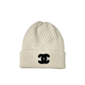 Chanel Cap Hat Cashmere White Black CC Logo Knit Beanie