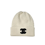 Chanel Cap Hat Cashmere White Black CC Logo Knit Beanie