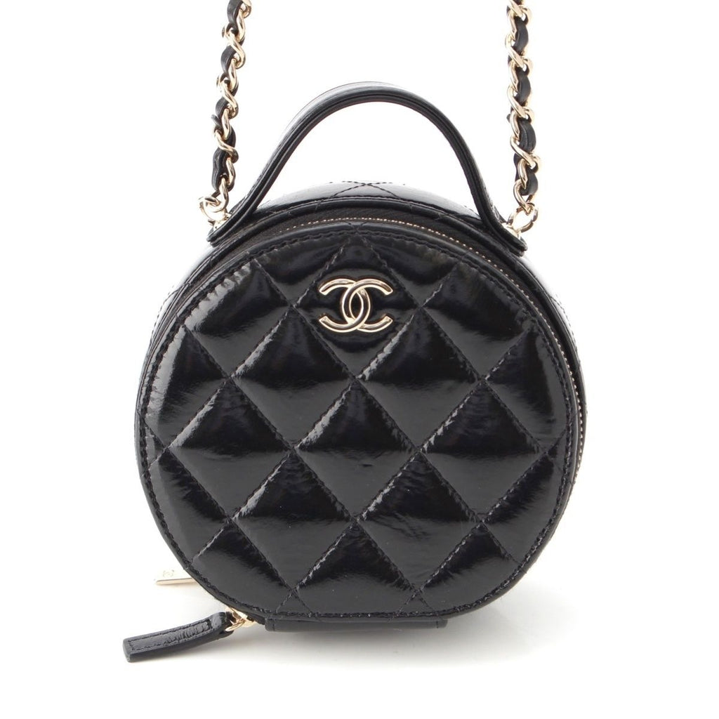 Chanel Shiny Lambskin Round Chain CC Logo Vanity Shoulder Bag Black