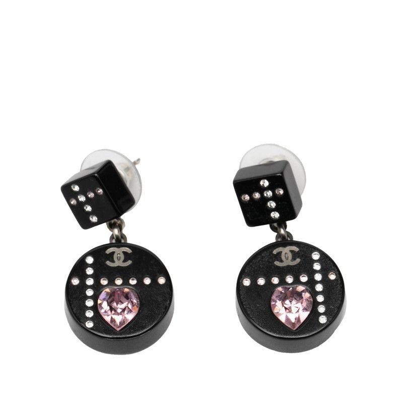 Chanel CC Logo Heart Earrings Silver Black Pink Metal Rhinestone