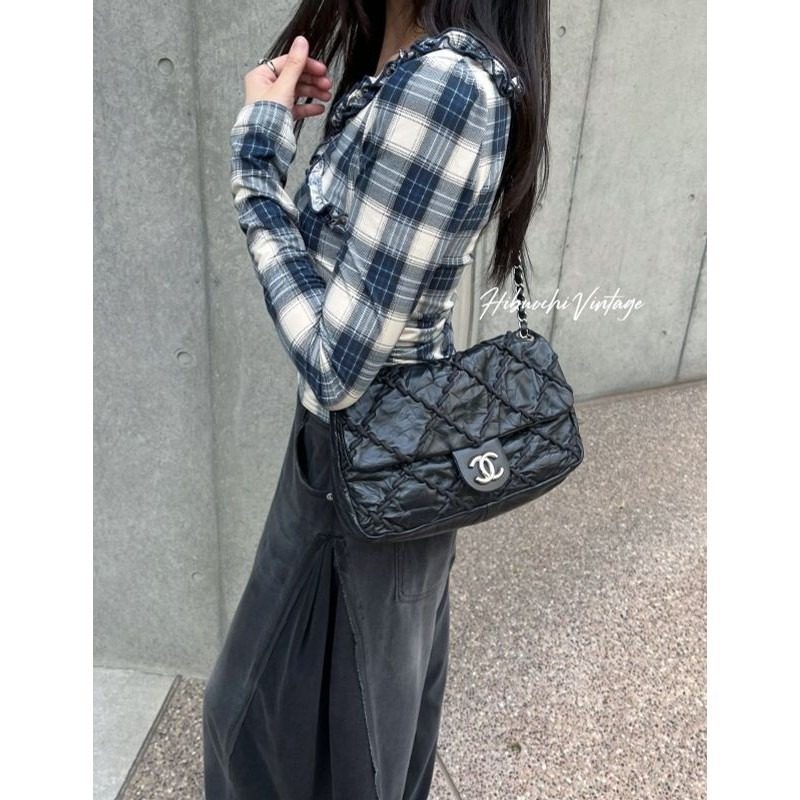 Chanel CC Logo Ultra Stitch Chain Shoulder Bag Black Leather Vintage