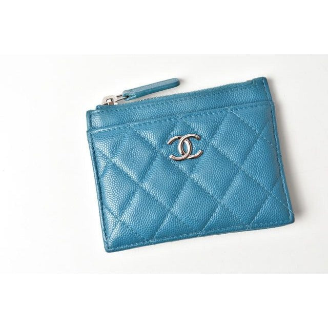 Chanel Coin Case Card Quilted Caviar Leather Blue Silver — view 2