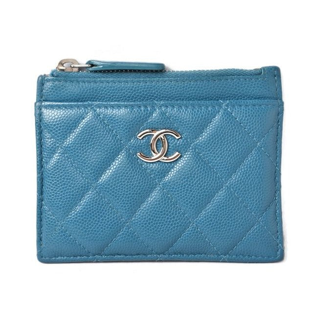 Chanel Coin Case Card Quilted Caviar Leather Blue Silver