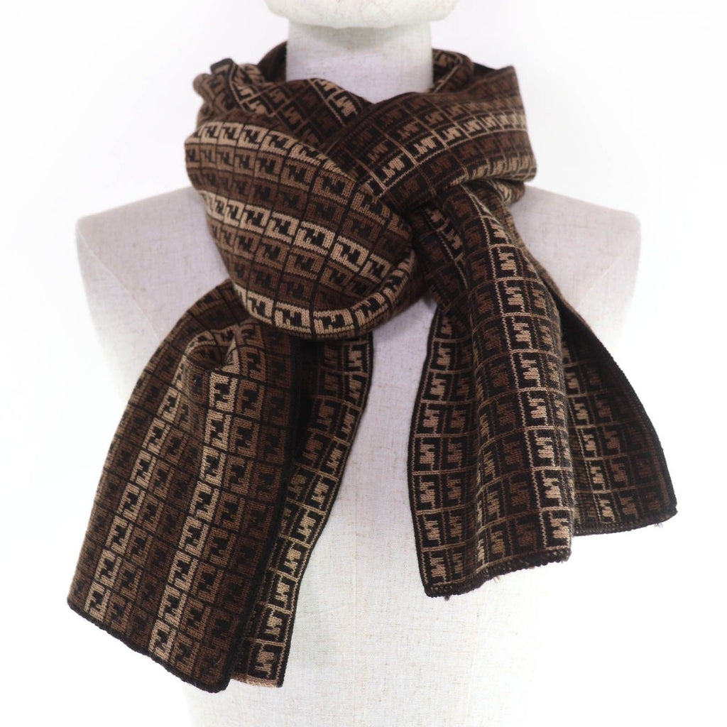 Fendi Wool FF Logo Micro Zucca Pattern Knit Scarf Brown — view 3