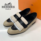 Hermes Royale Leather Hhardware Fringe Loafers Beige Black