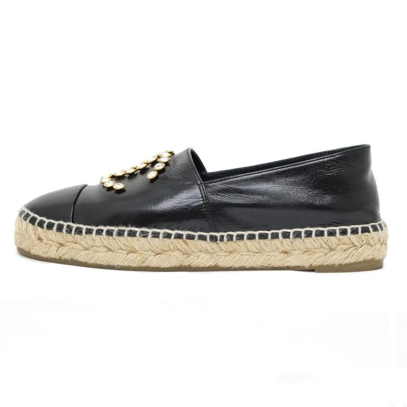 Chanel Espadrilles Coco Mark Bijoux Black Patent Leather 20 C 37