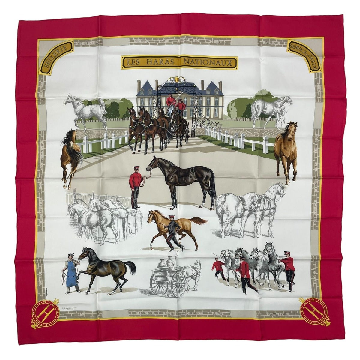 Hermes Scarf Silk Carre 90 les Haras Nationaux National Stallion Farm Red