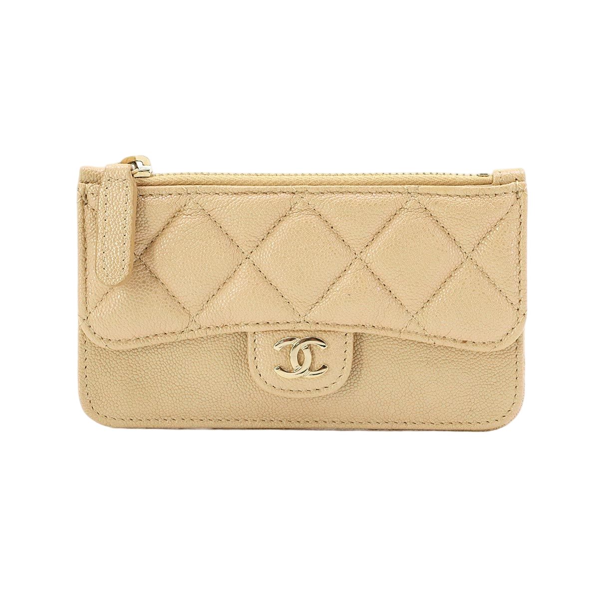 Chanel Quilted Coin Case Fragment Caviar Leather Beige CC Logo