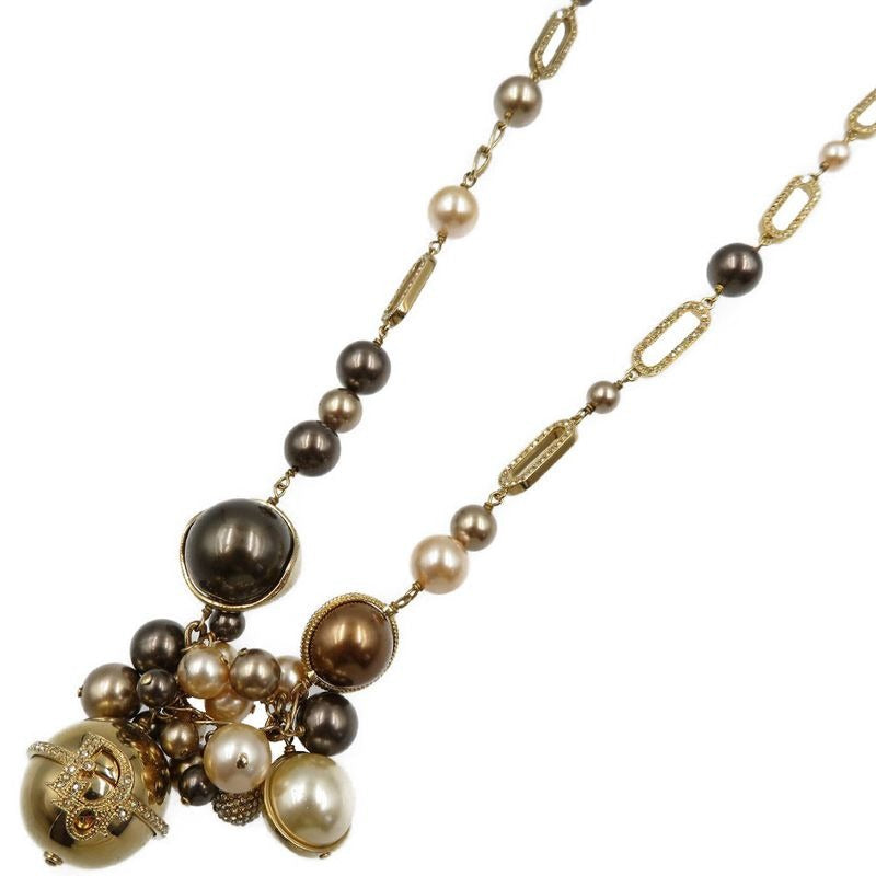 Christian Dior Pearl Chain Metal Faux Gold White Brown Necklace 0088 — view 2