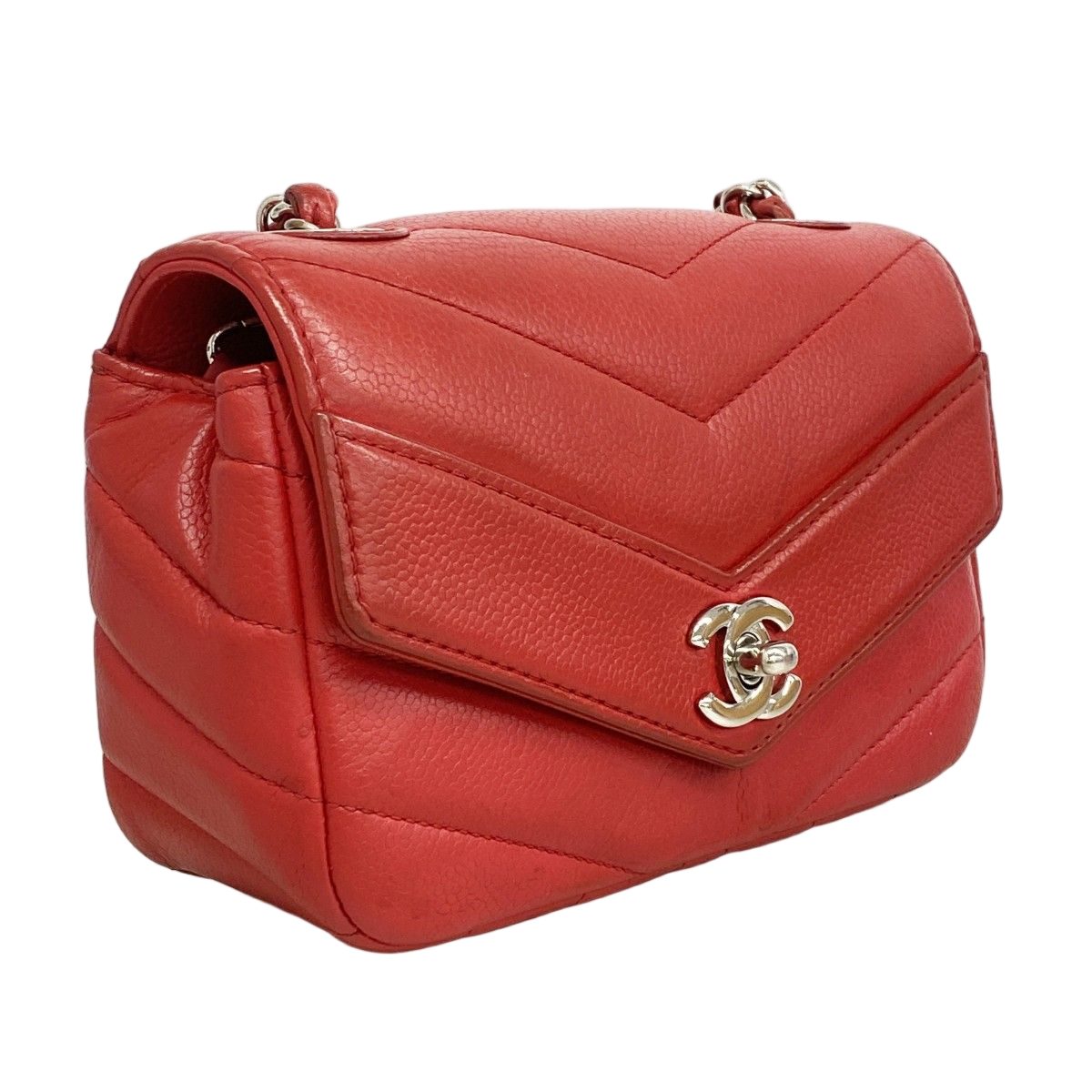 Chanel Shoulder Bag Stitch Chez Blanc Caviar Leather Red Silver — view 2