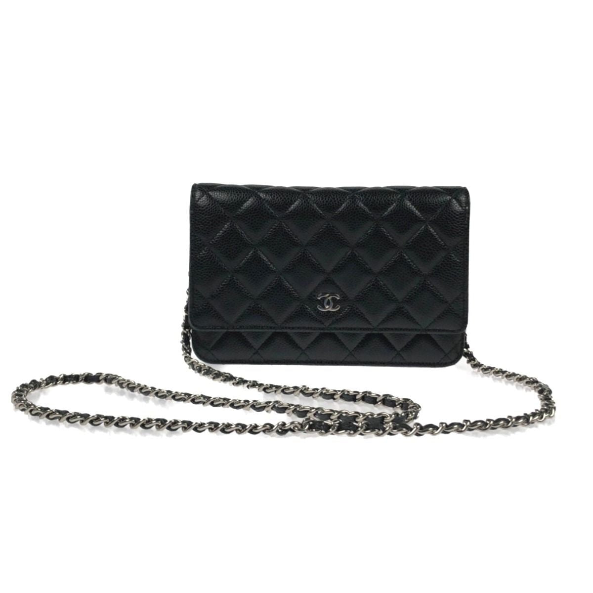 Chanel Quilted Caviar Leather Chain Wallet Silver Hardware Black