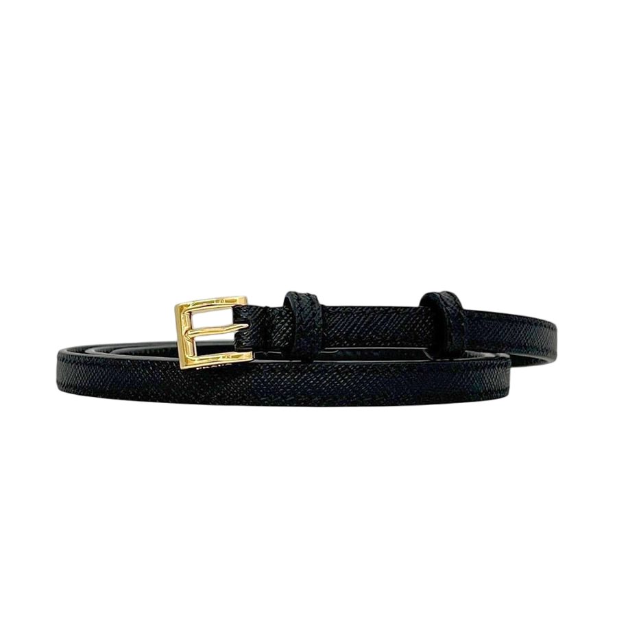 Prada Belt Black Nero Thin Waist 80 cm 10 Saffiano Leather