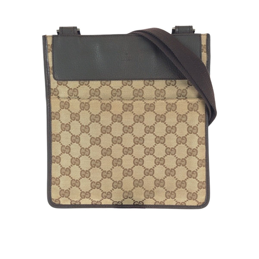 Gucci Brown Beige Silver GG Canvas Leather Shoulder Bag Pochette