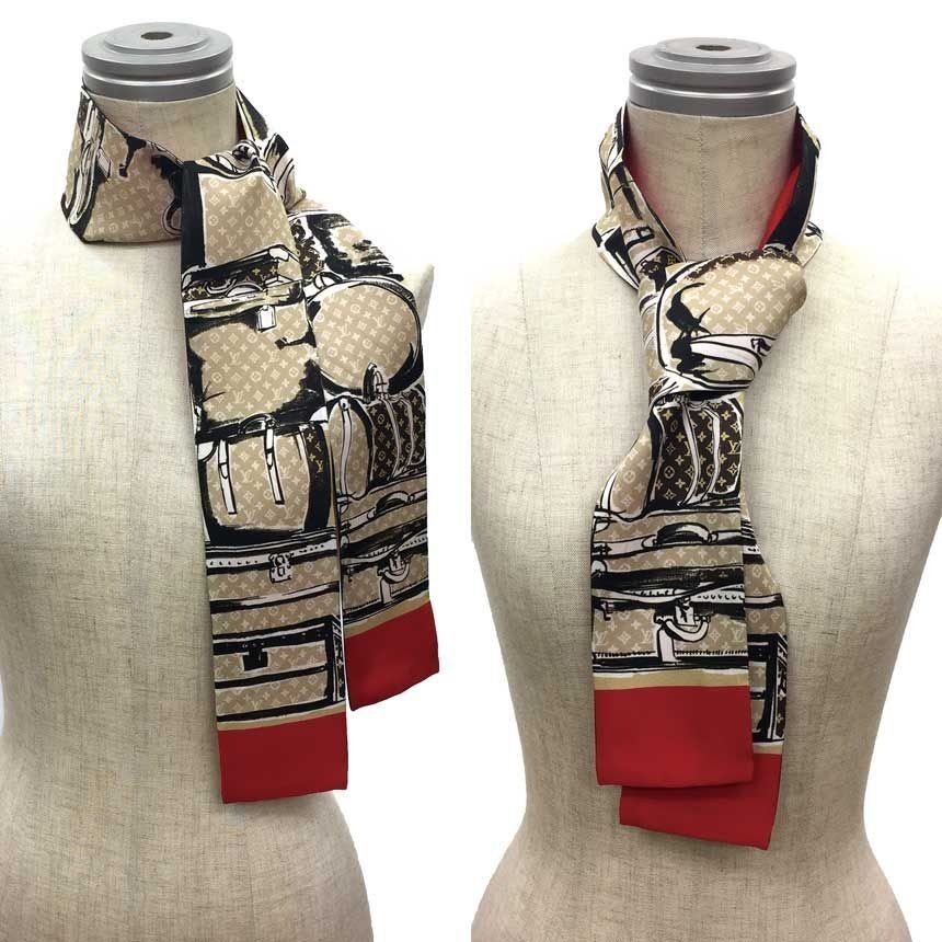 Louis Vuitton Bandeau Trunk Brown Thais Calf Ribbon Scarf Silk