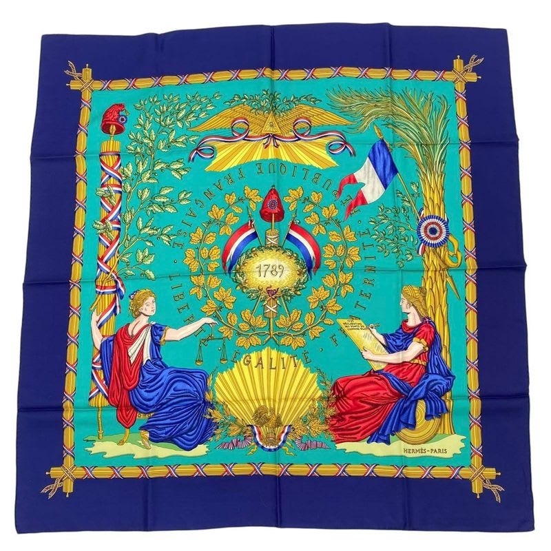 Hermes Scarf Carre 90 in Commemoration Of The French Revolution Silk Blue