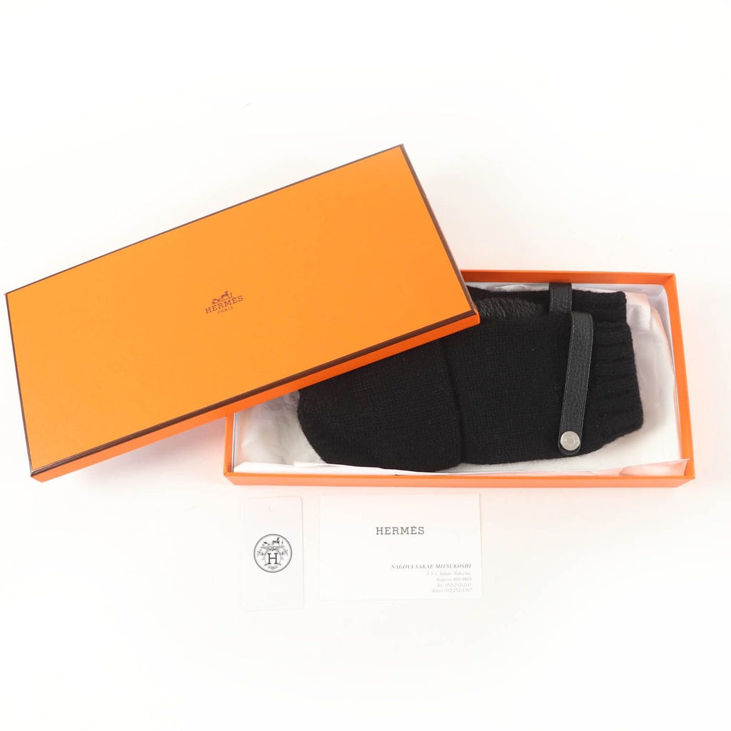 Hermes Baltimore Mittens Cashmere Leather Silver Series Knit Gloves Black — view 2