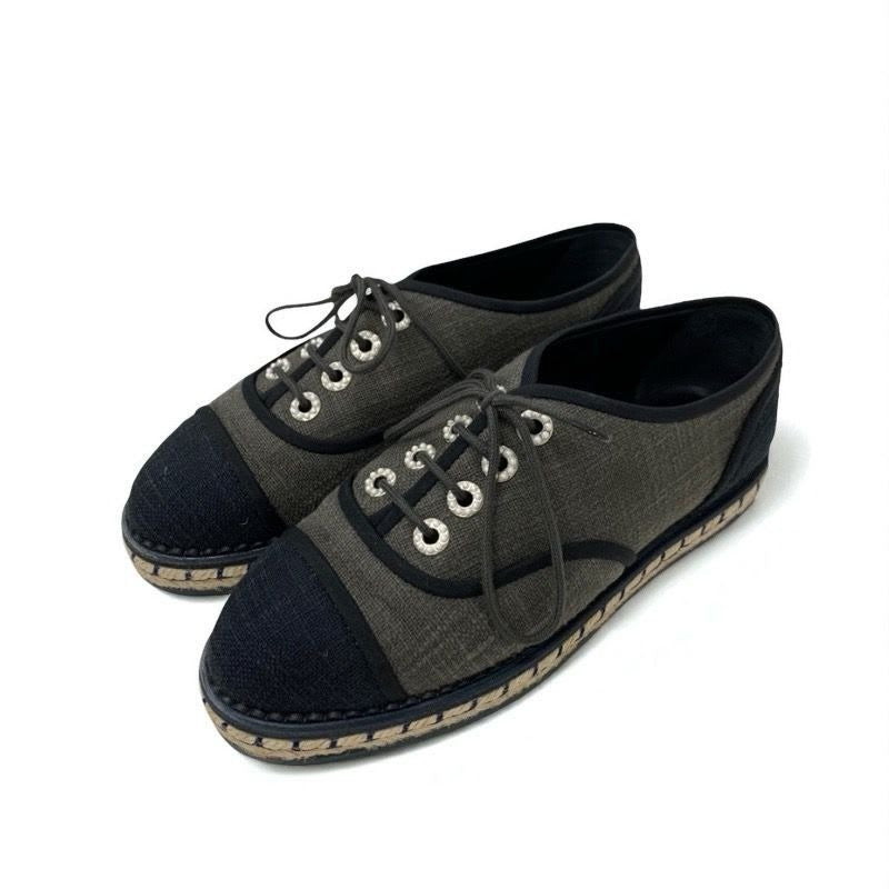 Chanel Flat Shoes Fabric Gray Black Coco Mark Espadrilles Pearl Lace Up