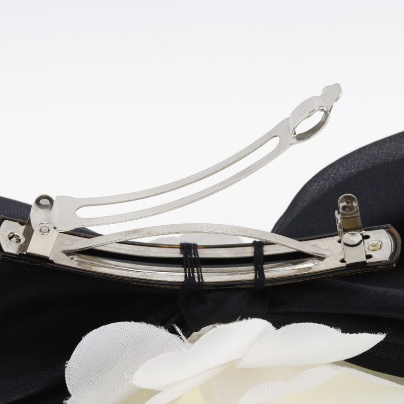 Chanel Camellia Ribbon Satin and Textile Black White Barrette — view 4