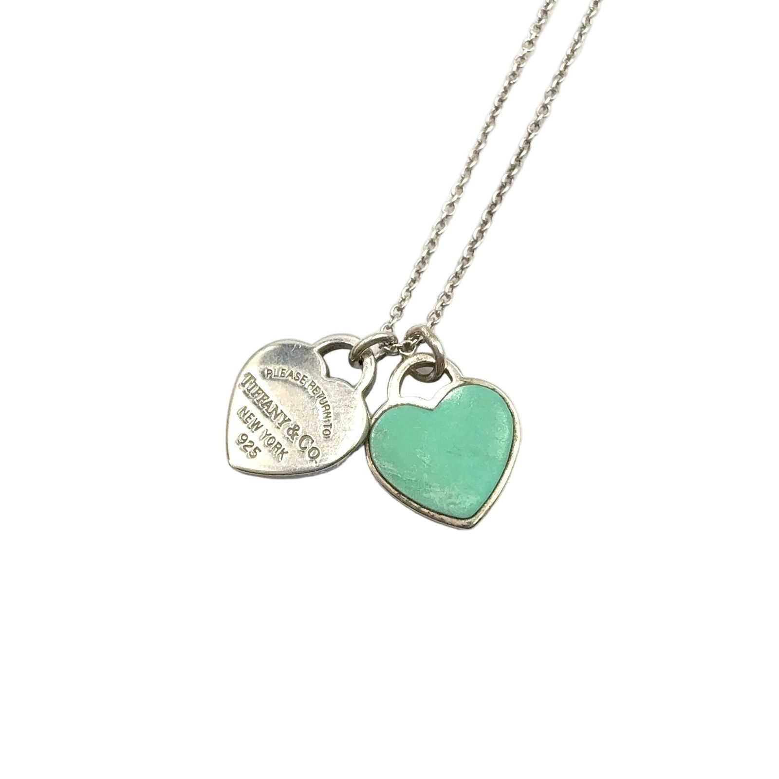 Tiffany & Co Blue Double Heart Tag Enamel Silver Light Necklace