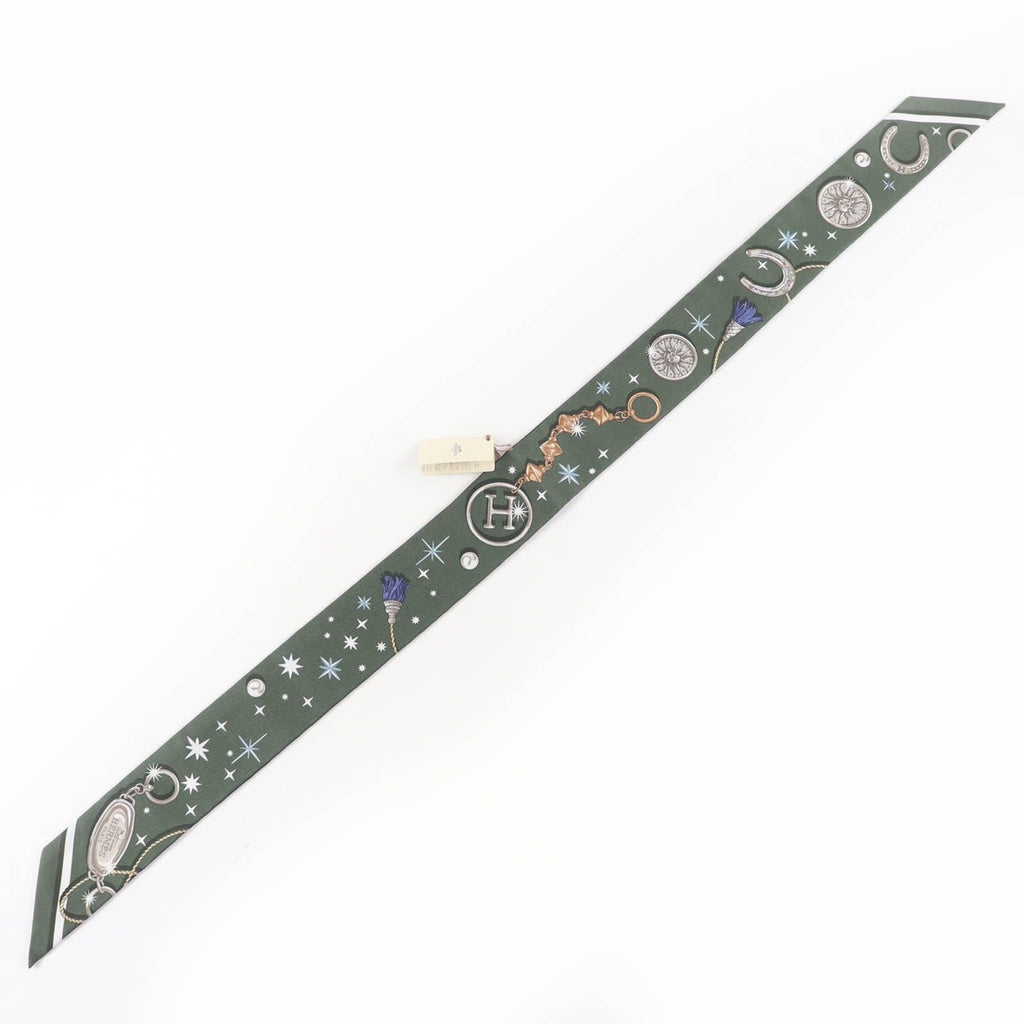 Hermes Twilly Serafette Silk Khaki Fonce White Black Scarf — view 3